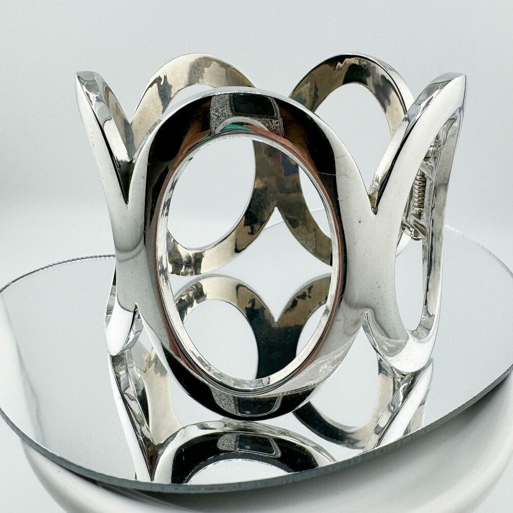 Vintage Silver Tone Chunky Oval Wide Clamp Cuff Bracelet Retro Statement Glam